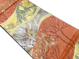 リサイクル　服部織物製　こはく錦曲線に木々模様織出し袋帯